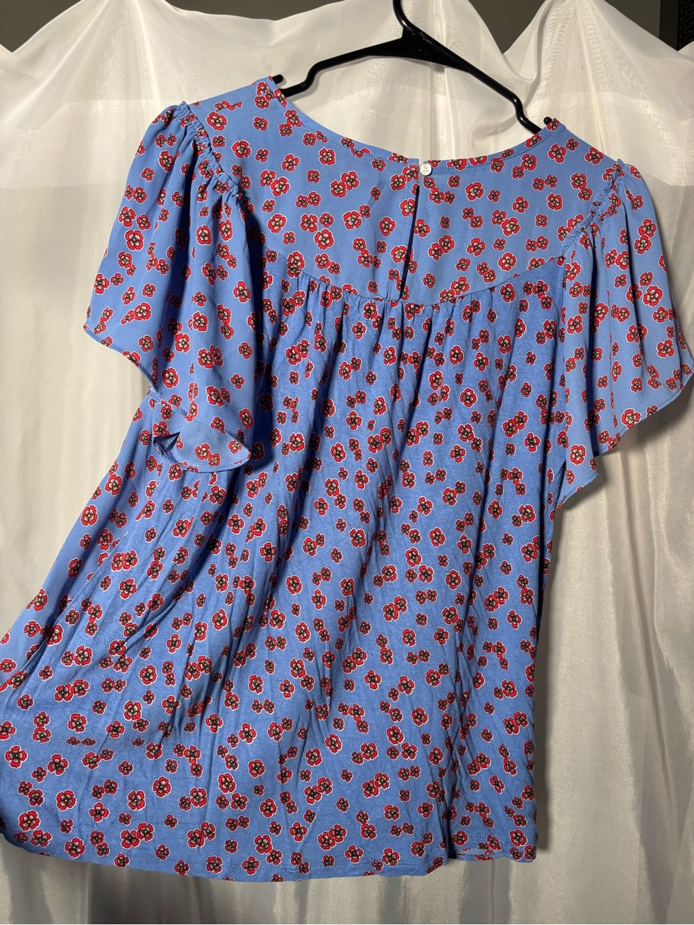 LOFT Cornflower Blue & Red Floral Print Short Sleeve Mixed-Fabric Peasant Top - Picture 5 of 6